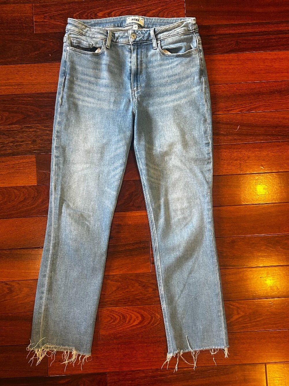 Paige Cindy Straight Ankle Jeans Music Wash Raw Hem Size 30